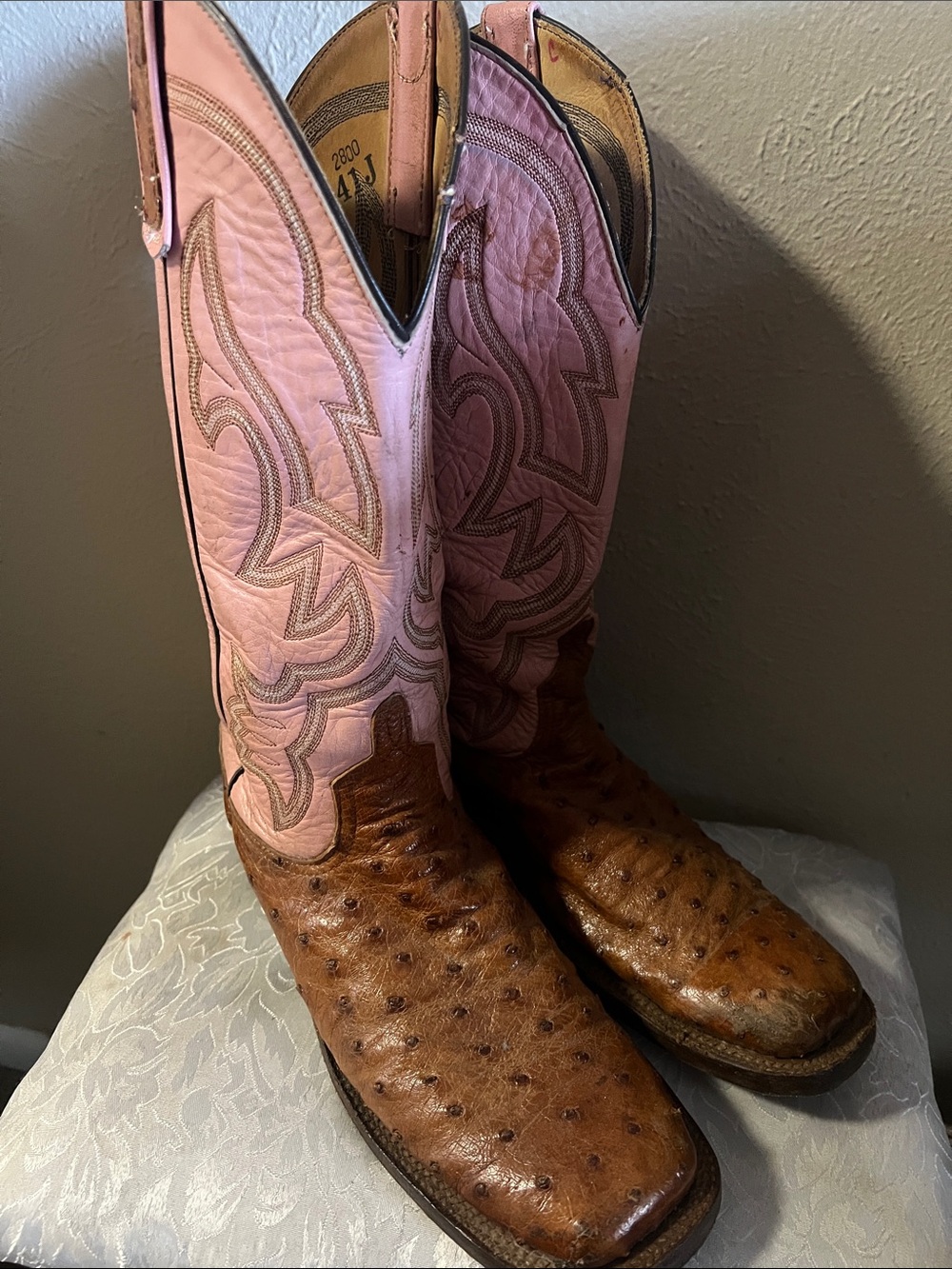 Anderson Bean Pink Shaft Brown Ostrich-Textured Western Boots